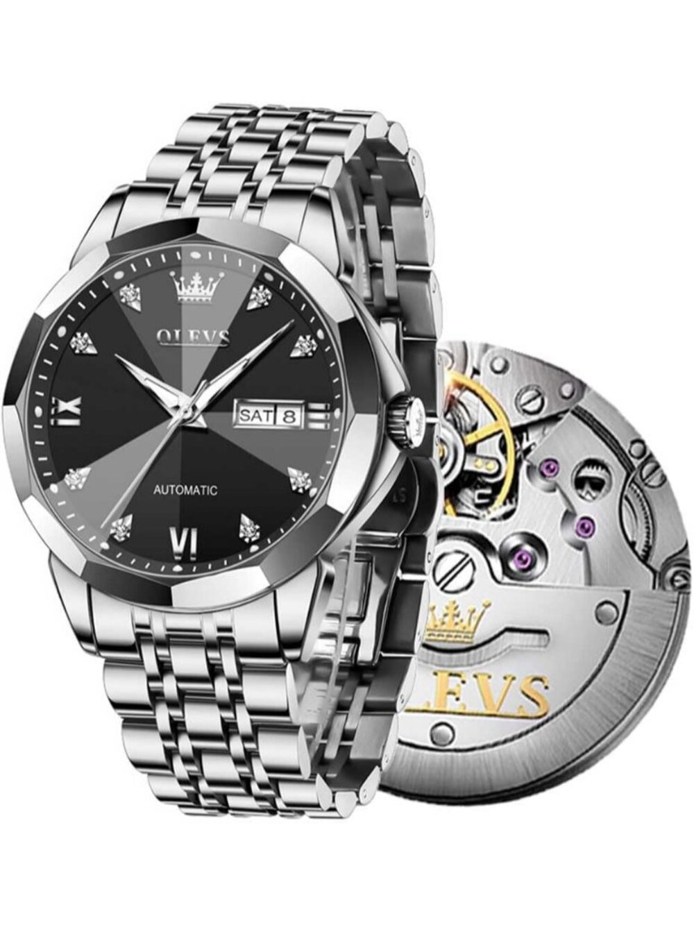 OLEVS Men's Silver Black Dress Watch Stainless Steel Luminous Waterproof Watch